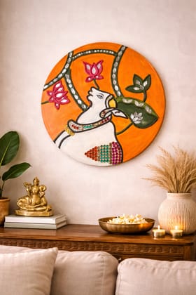 Hand-Painted Round Wooden Decorative Plate with Cow & Lotus Design Hand-Painted Round Wooden Decorative Plate with Cow & Lotus Design