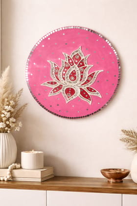 Pink Lotus Lippan Art Decorative Plate with Mirror Work Pink Lotus Lippan Art Decorative Plate with Mirror Work