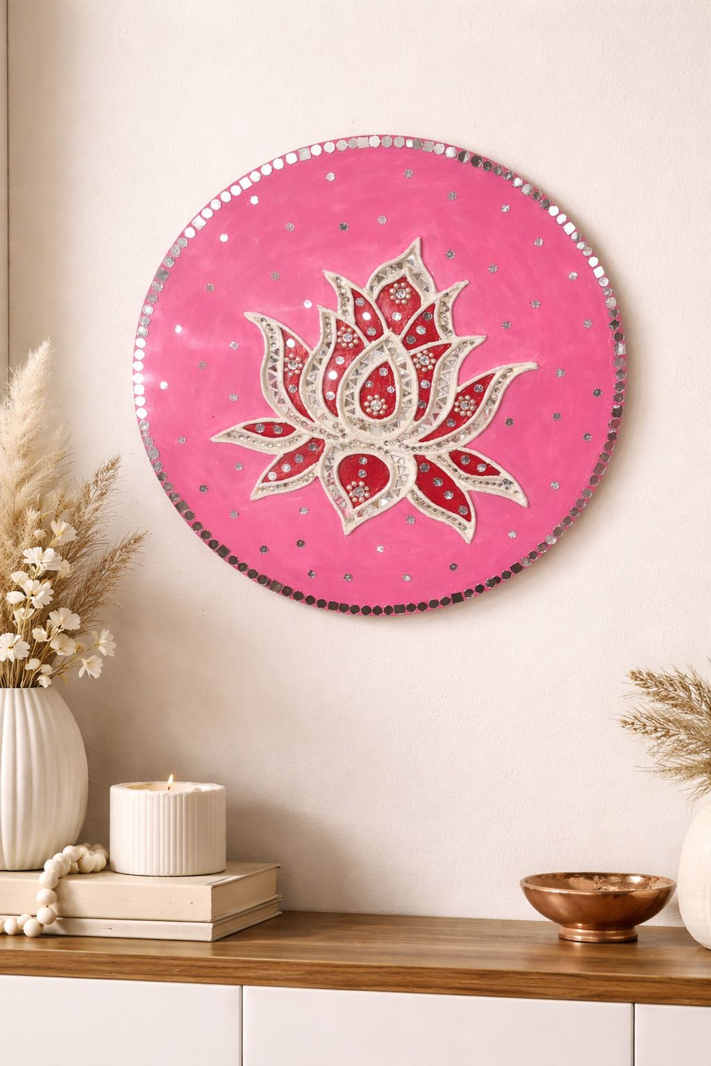 Pink Lotus Lippan Art Decorative Plate with Mirror Work