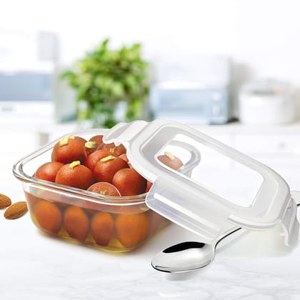 Treo By Milton Store Fresh Square Glass Storage Container, 665 ml, Transparent | Microwave Safe | Dishwasher Safe | Food Safe | Scratch Resistant | Refrigerator Safe