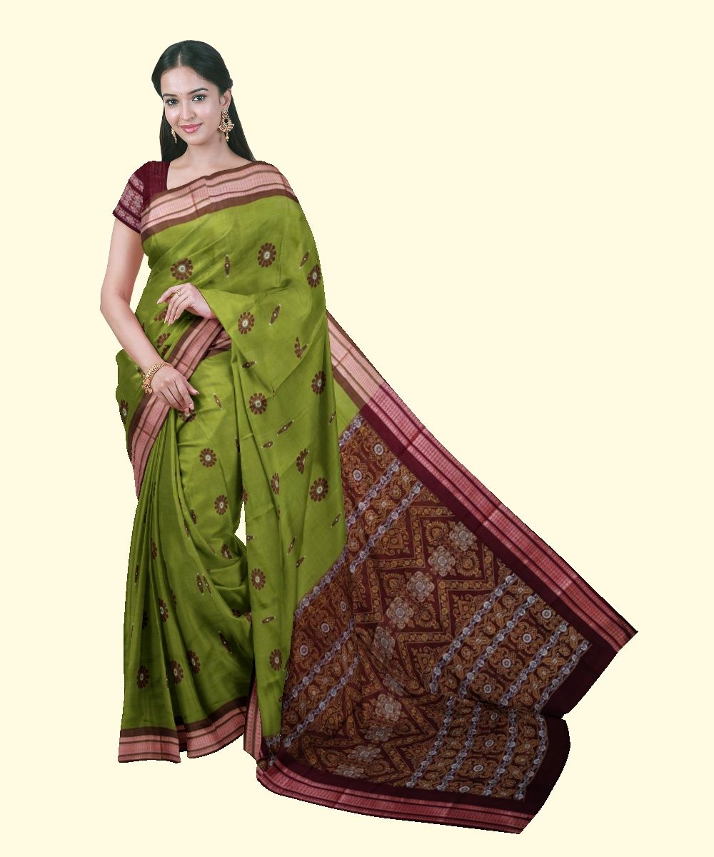 Olive Maroon Bomkai Handwoven Cotton Saree SFCSAR1981