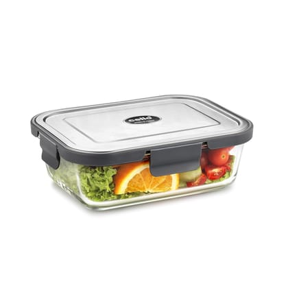 CELLO Steel-O Fresh Rectangle Toughened Glass Container 1050ml, Grey | Multipurpose Storage | Microwave, Oven, Freezer & Dishwasher Safe | Leakproof Lid | Glass Container For Kitchen, Fridge & Office