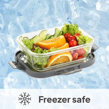 CELLO Steel-O Fresh Rectangle Toughened Glass Container 1050ml, Grey | Multipurpose Storage | Microwave, Oven, Freezer & Dishwasher Safe | Leakproof Lid | Glass Container For Kitchen, Fridge & Office