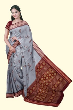 Gray Maroon Bomkai Handwoven Cotton Saree SFCSAR1982