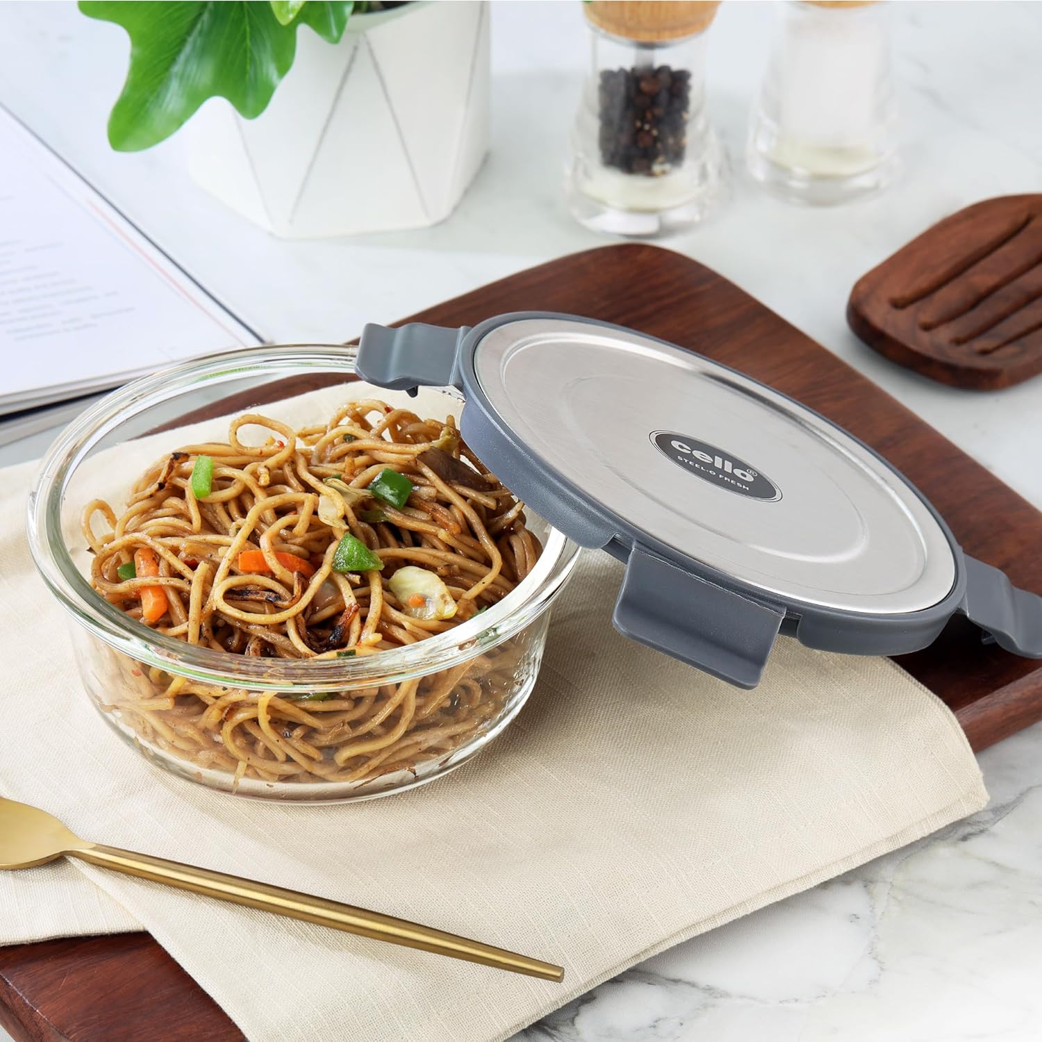 CELLO Steel-O Fresh Round Toughened Glass Container 400ml, Grey | Multipurpose Storage | Microwave, Oven, Freezer & Dishwasher Safe | Leakproof Lid | Glass Container For Kitchen, Fridge & Office