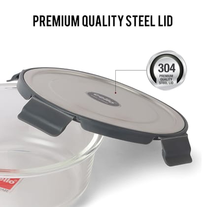 CELLO Steel-O Fresh Round Toughened Glass Container 400ml, Grey | Multipurpose Storage | Microwave, Oven, Freezer & Dishwasher Safe | Leakproof Lid | Glass Container For Kitchen, Fridge & Office