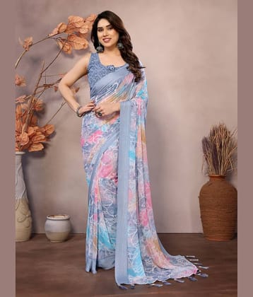 DIKONA DESIGNER Chiffon Printed Saree With Unstitched Blouse Piece ( Brown )