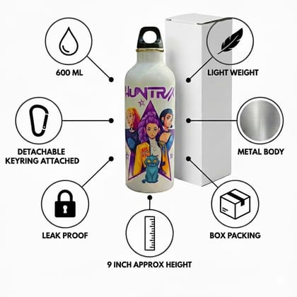Pop Star Anime Theme Metal Water Bottle, 600ml Capacity, Leak-Proof Design with Detachable Keyring, 9 Inch Height, Customizable White Bottle for School and Travel Demon Design