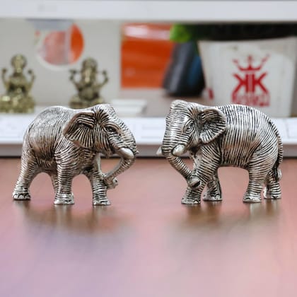 Dreamkraft Silver Elephant Decorative Figurine Set - 2 Pcs Metal Showpiece - Antique Finish for Home, Office & Vastu Decor - Handcrafted Aluminium (9.5L x 4W x 7H CM)