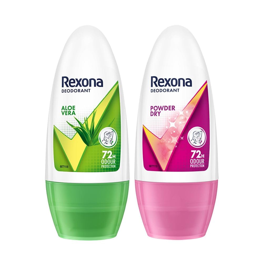 Rexona Women Underarm Roll-On Deodorant Combo of 2 | Aloe Vera (50 ML) and Powder Dry Roll-On (50 ML) | Long-Lasting 72 Hours Odour Protection | 0% Alcohol