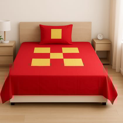 Red Patchwork Bedsheet with Pillow Cover