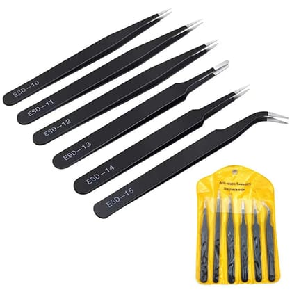 Elon ESD Anti-Static Stainless Steel Tweezers Set for Electronics, Craft, Precision Repairing, DIY (6 Pcs)