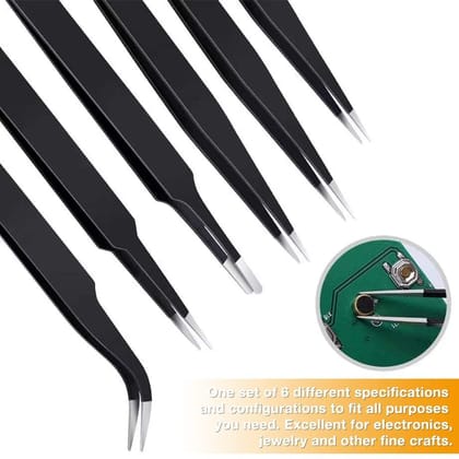 Elon ESD Anti-Static Stainless Steel Tweezers Set for Electronics, Craft, Precision Repairing, DIY (6 Pcs)