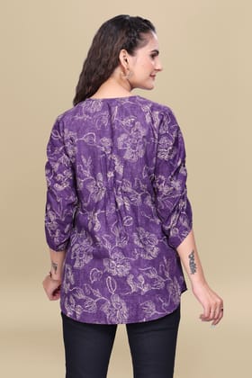 Purple Printed Cotton V-Neck Top with Three-Quarter Sleeves