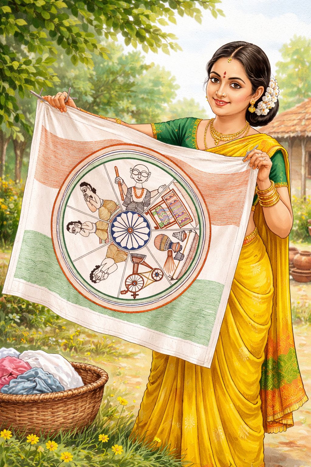 Mahatma Gandhi Madhubani Art Painting with Ashoka Chakra and Indian Flag