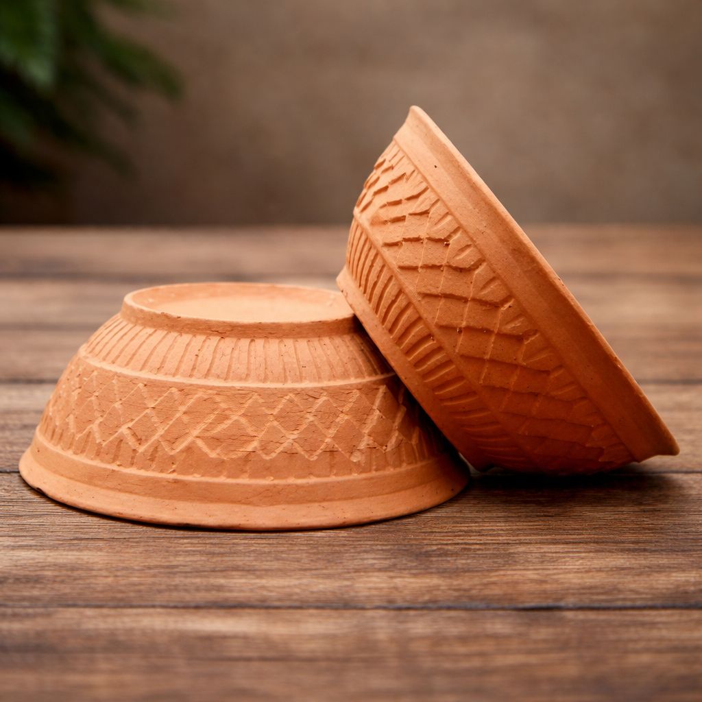 Handcrafted Earthen Clay Bowls with Geometric Pattern Set of 2