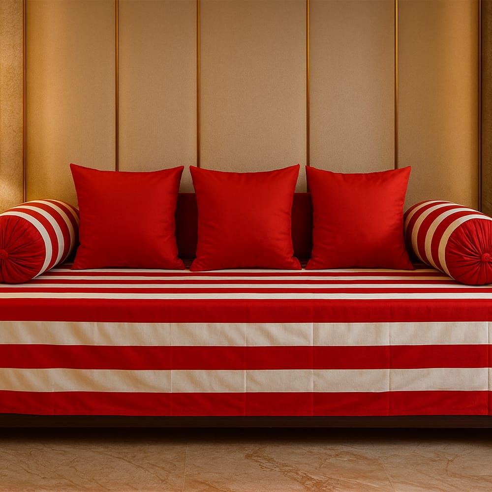 Cotton Blend Red & White Diwan Cover with 3 Cushion & 2 Bolster Covers