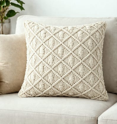 Macrame Cushion Cover 17 x 17 inch Handmade Soft Boho Cotton Pillow Case for Sofa Set Bed Living Room Bedroom in Premium Canvas Fabric with Back Zipper, Off-White, 1-Piece