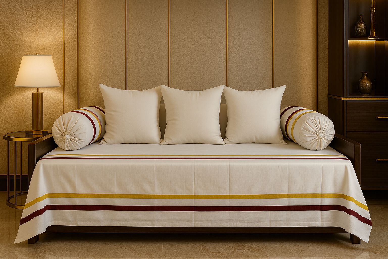 White Red 3 Strip Patch Diwan Covers Set