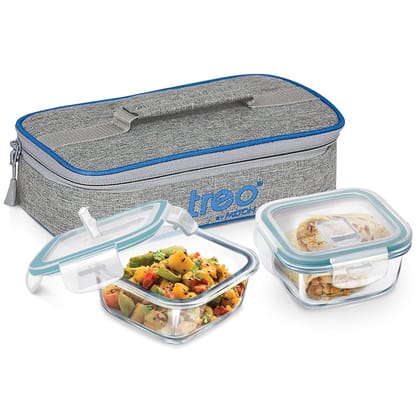 Treo by Milton All Fresh Square Glass Lunch Box, Set Of 2, Clear, 400ml each with Lunch Bag, Microwave & Dishwasher Safe, Leak Proof Containers, Borosilicate Glass, Office Tiffin
