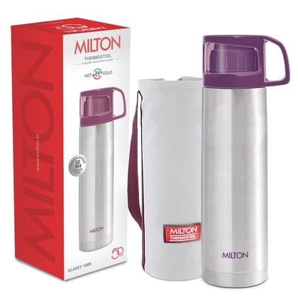 Milton Glassy 1000 Thermosteel Vacuum Insulated Double Walled Flask with Drinking Cup lid & Jacket, 1000 ml Water Bottles,24 Hours Hot & Cold,Easy to Carry,Rust Proof, Tea, Coffee,Travel Bottle,Purple