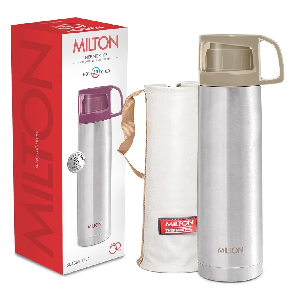Milton Glassy 1000 Thermosteel Vacuum Insulated Double Walled Flask with Drinking Cup lid & Jacket, 1000 ml Water Bottles,24 Hours Hot & Cold,Easy to Carry,Rust Proof, Tea, Coffee,Travel Bottle,Grey