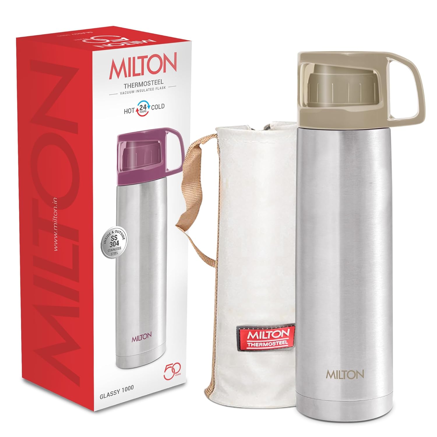 Milton Glassy 1000 Thermosteel Vacuum Insulated Double Walled Flask with Drinking Cup lid & Jacket, 1000 ml Water Bottles,24 Hours Hot & Cold,Easy to Carry,Rust Proof, Tea, Coffee,Travel Bottle,Grey