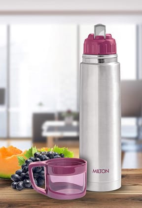 Milton Glassy 1000 Thermosteel Vacuum Insulated Double Walled Flask with Drinking Cup lid & Jacket, 1000 ml Water Bottles,24 Hours Hot & Cold, Easy to Carry,Rust Proof, Tea, Coffee, Travel Bottle,Pink