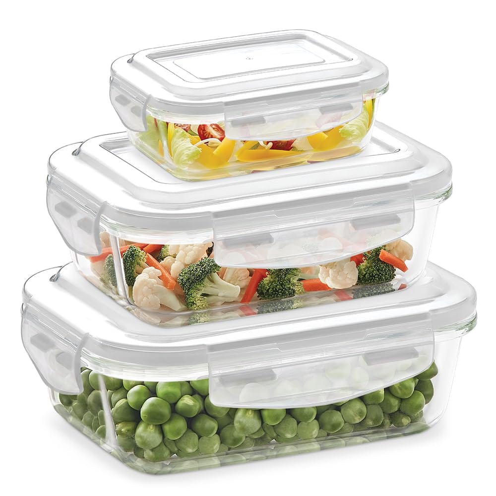 Borosil Klip N Store Plus 3pc (120ml+370ml+640ml) Food Storage Container with Air Tight Glass Lid | Borosilicate Glass Container for Lunchbox | Microwave & Dishwasher Safe | Transparent