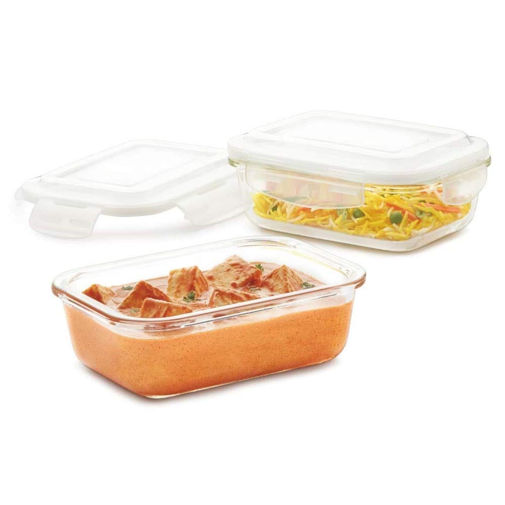 Borosil Klip N Store Microwave & Oven Safe, Glass Storage Container, Set of 2-120 ml, Rectangular, with Airtight Lid, Transparent