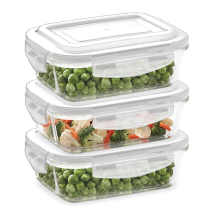 Borosil Klip n Store (370ml x 3) Rectangle Glass Food Storage Container Set with Air Tight Lid | Borosilicate Glass Container for Lunchbox | Microwave & Oven Safe | Transparent
