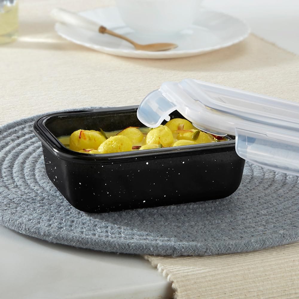 Borosil 370 ml Pebble Black Food Storage Container with Air Tight Lid | Rectangle Shape Borosilicate Glass Organiser | Microwave & Dishwasher Safe | For Fridge, Kitchen Storage