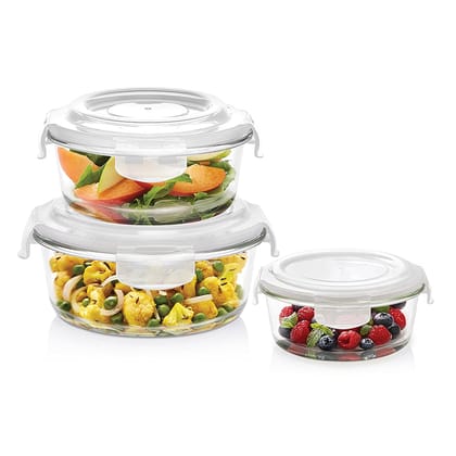 Borosil Klip N Store 3pc Set of 400ml, 620ml & 950ml (Round) Food Storage Container with Airtight Lid | Made in India Borosilicate Glass for Lunchbox | Microwave & Dishwasher Safe | Transparent