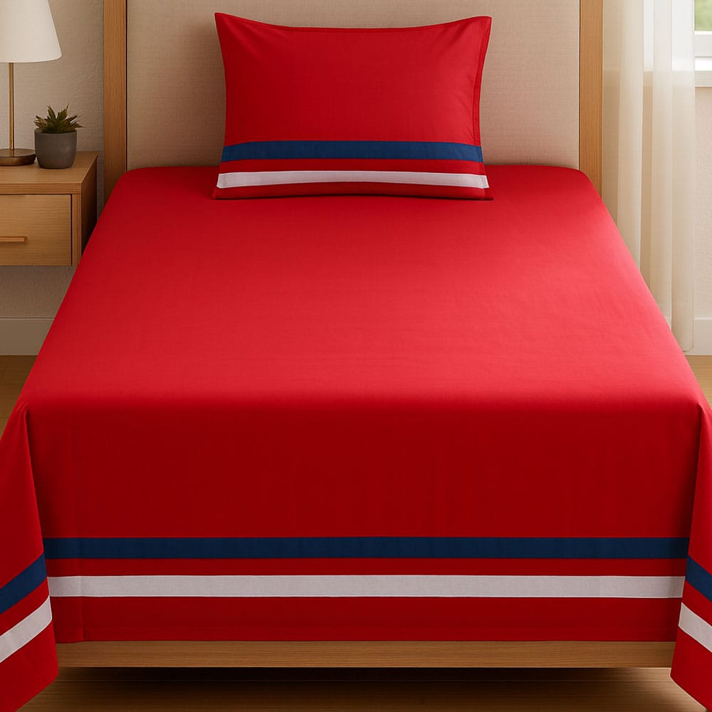 White Red 3 Strip Patch Polycotton Single Bedsheet with Pillow Cover