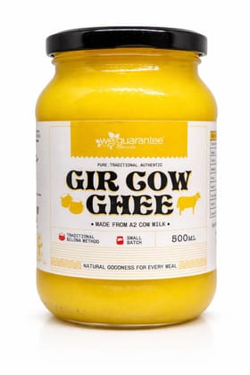 Weguarantee Naturals Gir Cow Ghee – 500 ml Glass Bottle | A2 Bilona Desi Ghee | Churned from Curd with traditional vedic Bilona Method | Danedar, Aromatic, Grassfed & Pure A2 Cow Ghee