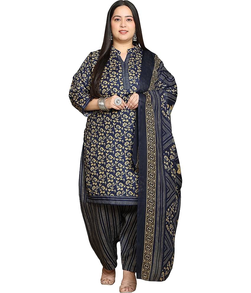 wonder weave Women Cotton Blend Printed Straight Kurti With Patiala Salwar ( Navy Blue )