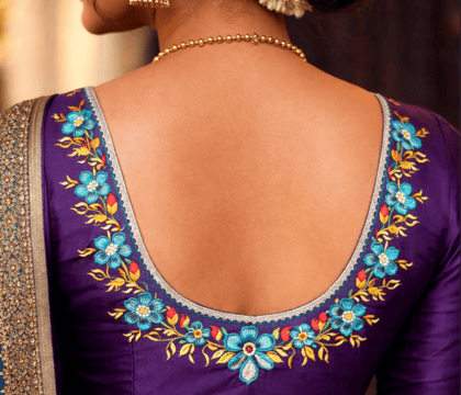 Floral Embroidered Purple Silk Blouse Floral Embroidered Purple Silk Blouse