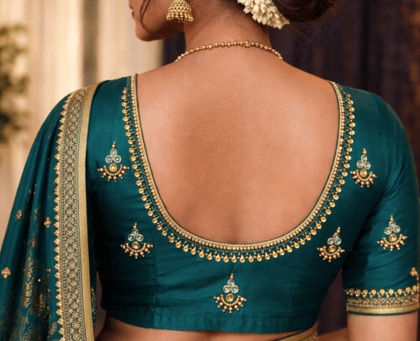 Teal Silk Blend Embroidered U-Neck Blouse Teal Silk Blend Embroidered U-Neck Blouse