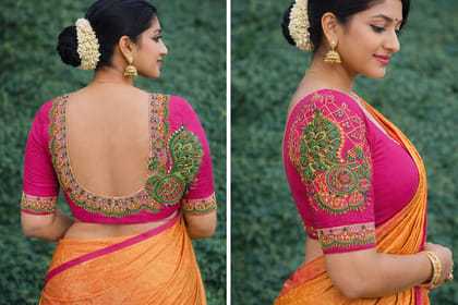 Hot Pink Silk Blouse with Peacock Embroidery and Gold Border Hot Pink Silk Blouse with Peacock Embroidery and Gold Border