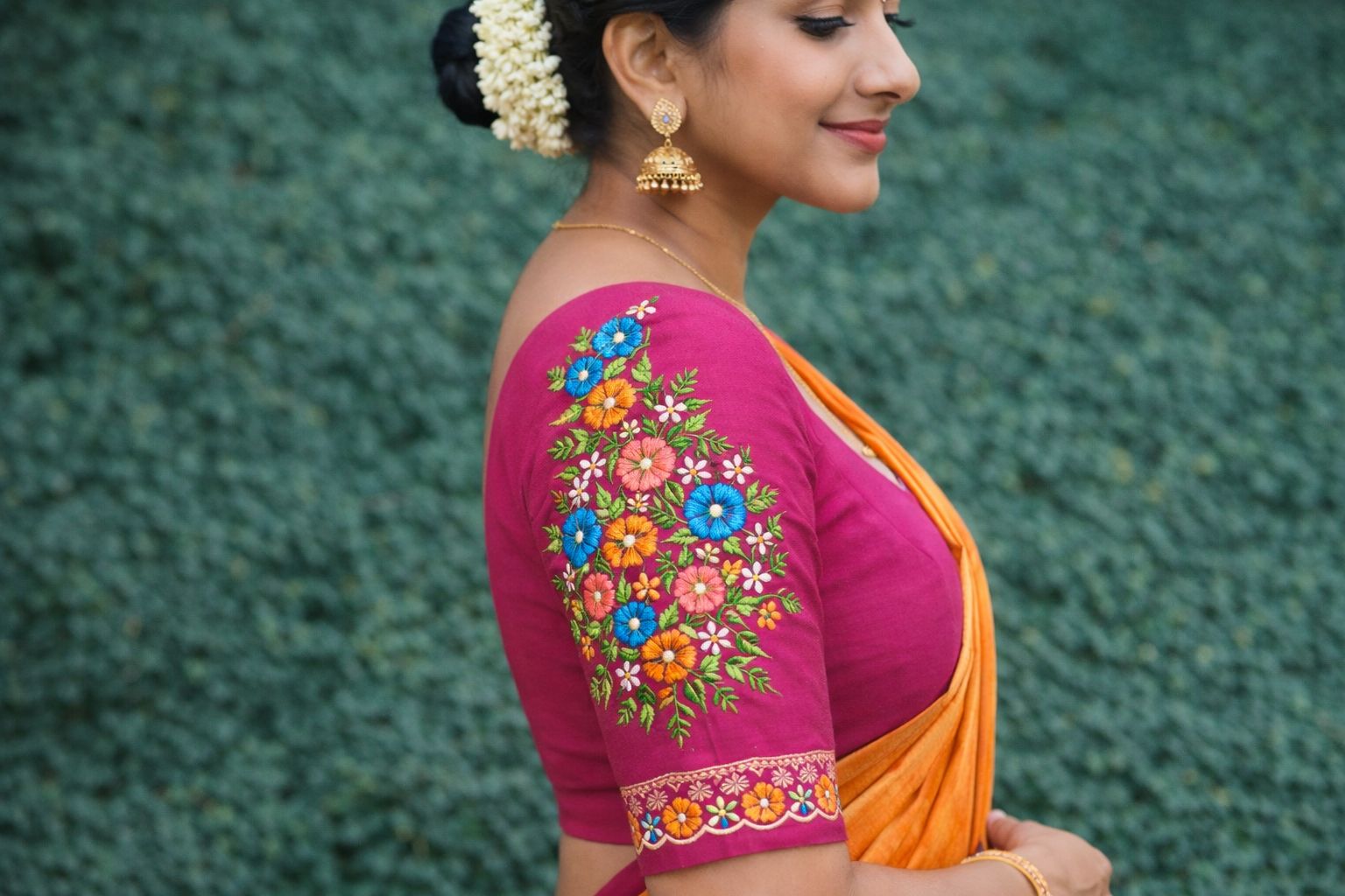 Dark Pink Embroidered Cotton Blouse with Floral Design