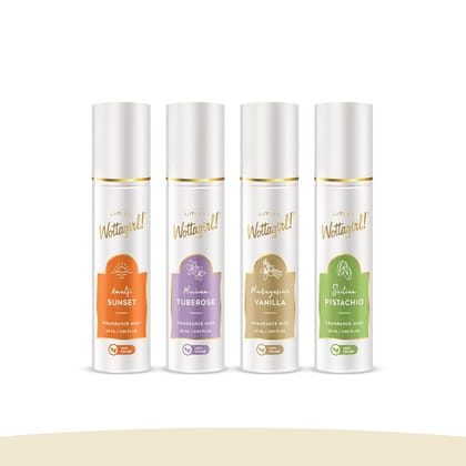 Layer’r Wottagirl Fragrance Mist Combo Pack of 4 (25ml Each) – 100% Vegan – Amalfi Sunset, Sicilian Pistachio, Madagascar Vanilla & Mexican Tuberose – Long-Lasting Fragrance Mist for Women