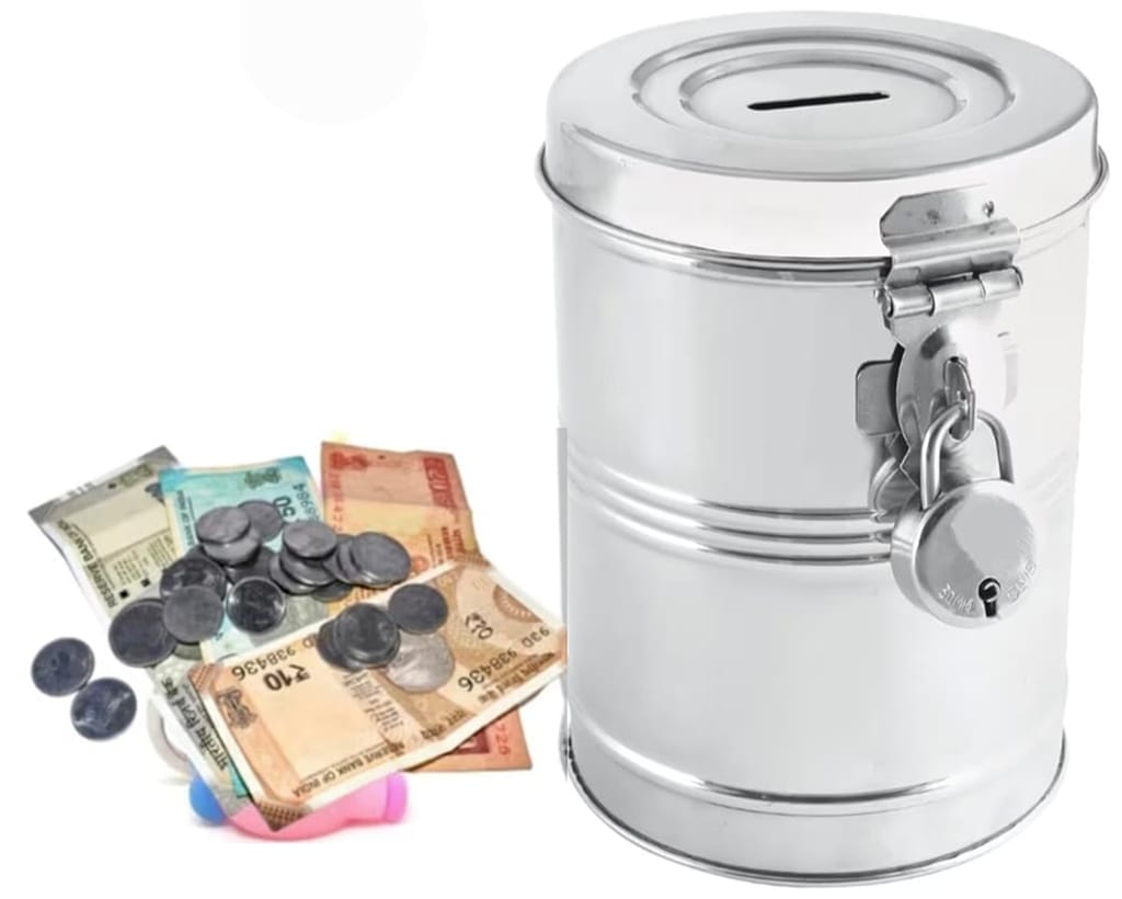 Mii Art Premium Stainless Steel Gullak with Lock & Key | Traditional Metal Money Bank for Kids & Adults | Durable Silver Coin Box & Piggy Bank (Large)