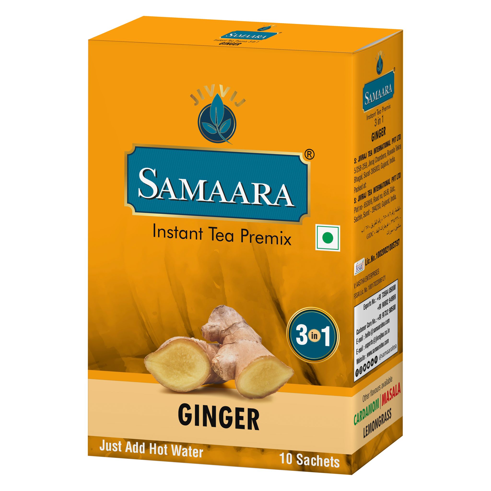 Samaara Instant Tea Premix Sachets | Ginger Adrak Flavoured Assam Black Tea Powder | 10 Sachets Box 150gm
