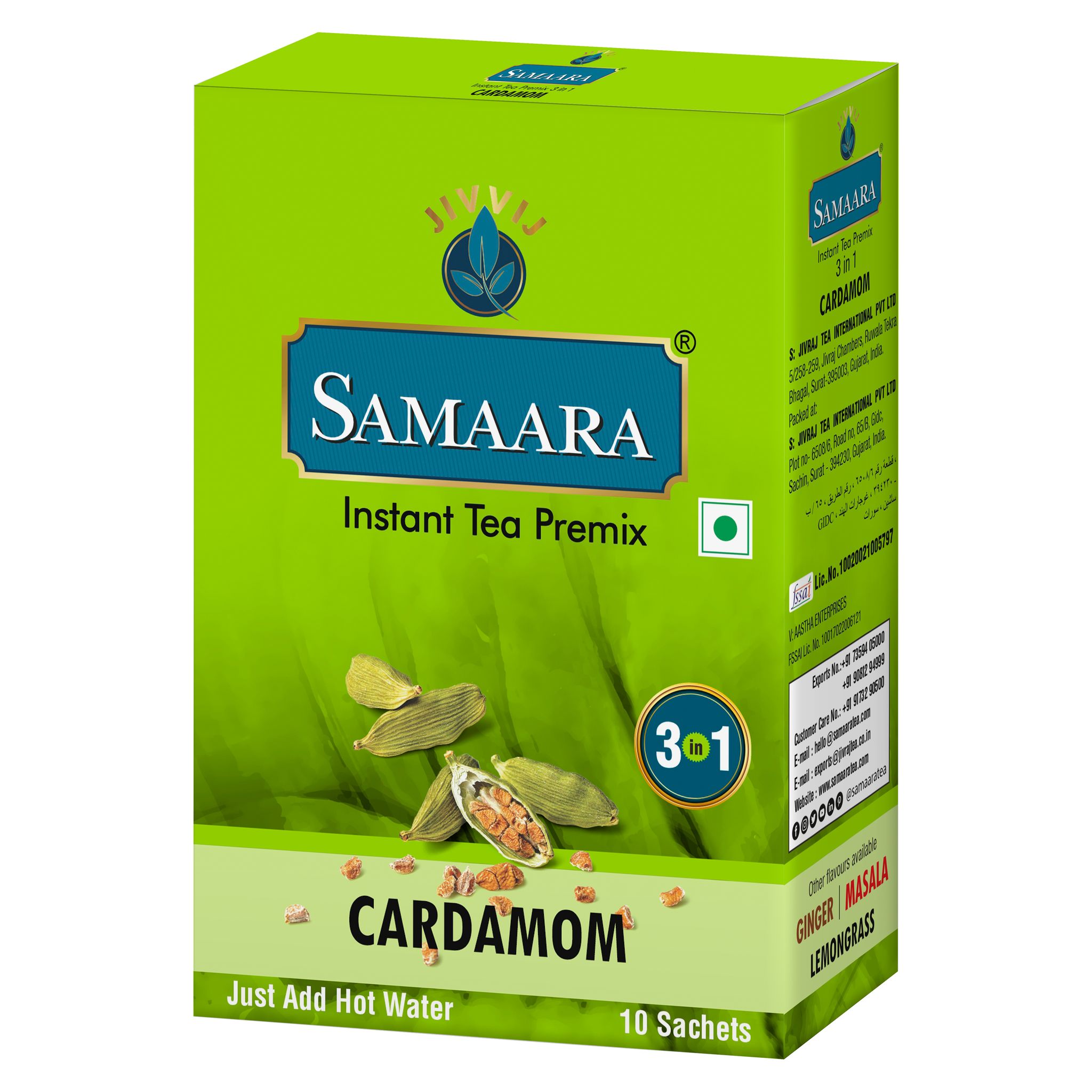 Samaara Instant Tea Premix Sachets | Cardamom Elaichi Flavoured Assam Black Tea Powder | 10 Sachets Box 150gm