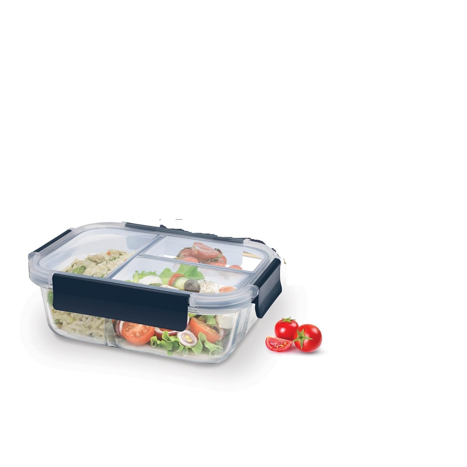 Treo by Milton Clip Fresh Rectangle 3-Compartment Glass Container 1000 ml| High Borosilicate Glass | Airtight & Leak-Proof | Microwave & Fridge Safe | Ideal for Meals, Snacks & Fruits, Transparent