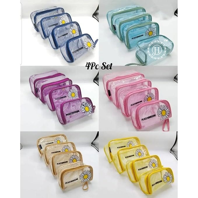 Jewel Palace Set of 4 Multipurpose Transparent Floral Plastic Box, Travel Pouch, Toiletry Kit, Makeup Bag, Cosmetic Pouch for Women, Shaving Kit, Toiletry Bag for Men (Gold)