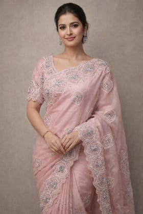 Elegant Embroidered Pink Organza Saree with Matching Blouse Piece Elegant Embroidered Pink Organza Saree with Matching Blouse Piece