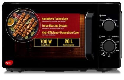 Pigeon 20L Nano Wave Solo Microwave Oven | 700 Watts | 5 power levels (Re-Heat, Pop, Cook, Steam, Defrost | Black
