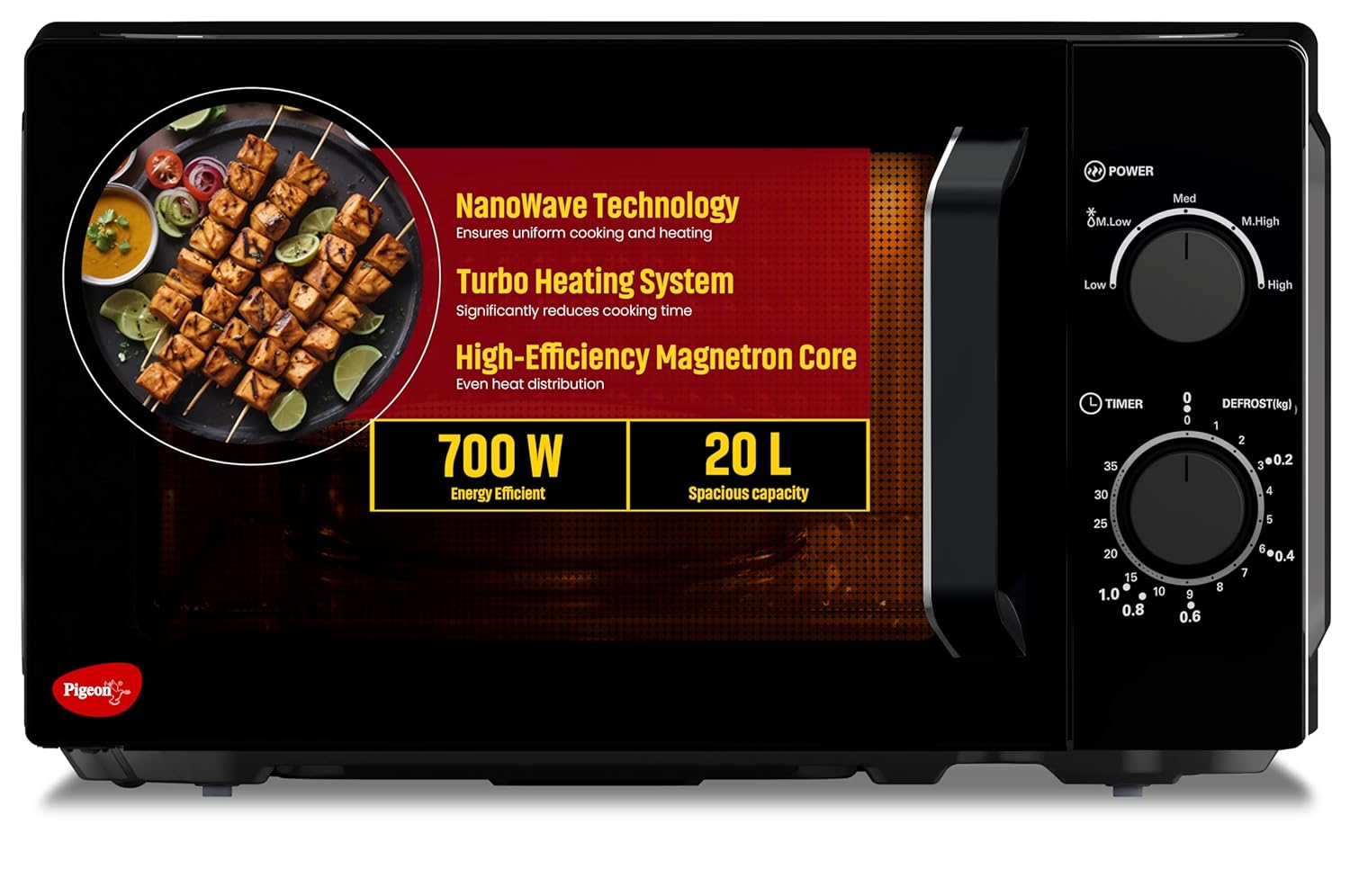 Pigeon 20L Nano Wave Solo Microwave Oven | 700 Watts | 5 power levels (Re-Heat, Pop, Cook, Steam, Defrost | Black