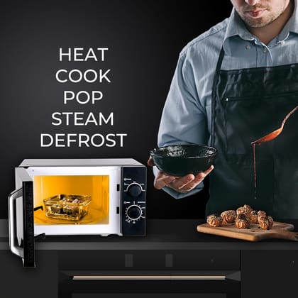 Pigeon 20L Nano Wave Solo Microwave Oven | 700 Watts | 5 power levels (Re-Heat, Pop, Cook, Steam, Defrost | Black